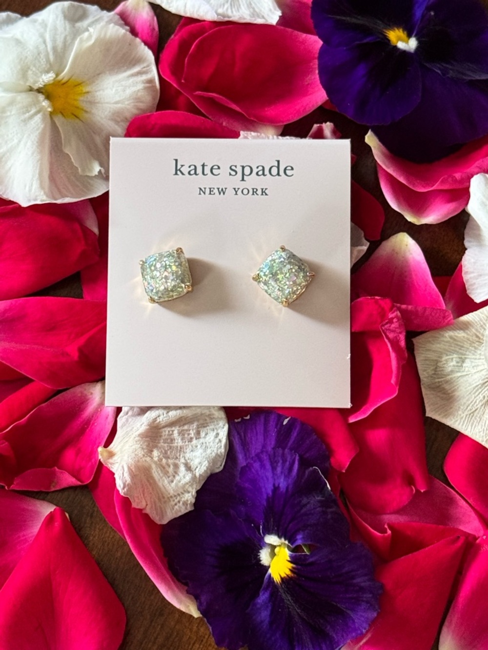 kate spade Iridescent Glitter Square Stud Earrings - White/Multicolor Sparkle